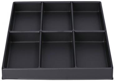 The image shows a rectangular, flat storage box in black, divided into nine equal compartments. The sides are slightly raised to contain the contents.