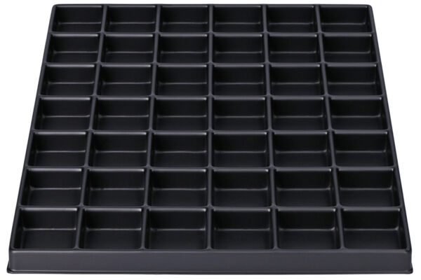 The image shows a black tray with many small compartments in an orderly grid. There are 48 equal-sized, rectangular compartments suitable for storing small objects.