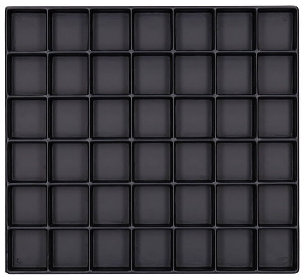 The image shows a square arrangement of 64 small, identical square compartments on a black background. All compartments are equally sized and also black.