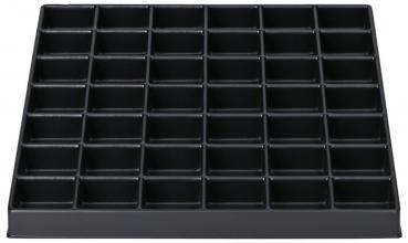 The image shows a flat, black tray with 36 small compartments arranged in six rows and six columns. Each compartment is rectangular and of equal size.