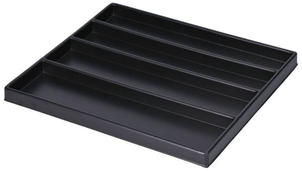 The picture shows a flat, rectangular tray with six vertical compartments. The tray has a matte, black surface and is intended to keep items organized.