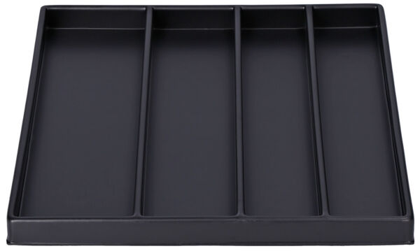 The image displays a square, flat container in matte black, divided into four equal compartments. It features a simple, modern design without a lid.