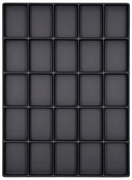 The image displays a rectangular, black tray with 24 evenly arranged indentations, set in a 6x4 grid. The indentations are rectangular and of equal size.