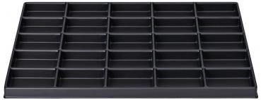 The image shows a rectangular, black tray with 32 compartments arranged in an 8x4 grid. Each compartment is slim and uniform, ideal for storing small items.