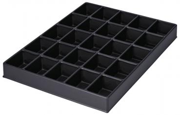 The image shows a rectangular, black container with 24 equally-sized square compartments. It is flat and has a smooth surface. Ideal for storing small items.