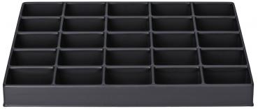 The image shows a flat, rectangular tray in black, divided into 24 small compartments. The compartments are evenly arranged and serve to store small items.