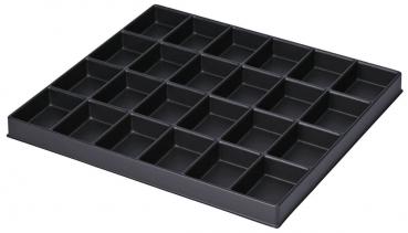 The image shows a black plastic container with 24 equally-sized compartments, arranged in a square grid. Each compartment is open and serves as storage.