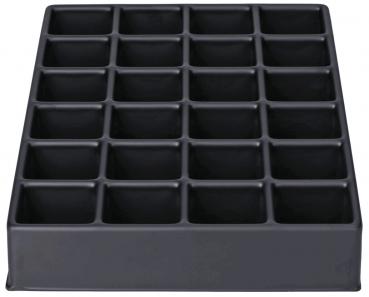 The image shows a black plastic plate with 24 equally sized square compartments arranged in a 6x4 grid. The compartments are open and have a flat, rectangular shape.