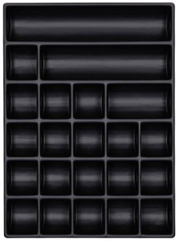 The image shows a black storage tray with multiple compartments. On top, there are three large, elongated compartments, while at the bottom, several small, round compartments are arranged.