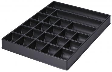 The image shows a black storage tray with many small compartments. It has four larger sections and several smaller ones, perfect for organizing items.