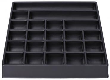 The image shows a black, square container with 24 small compartments. The compartments are evenly arranged and provide space for various items.