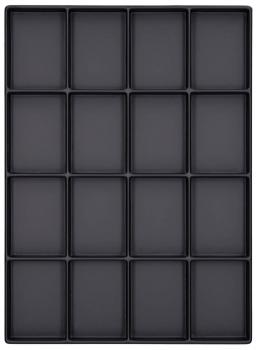 The image displays a flat, rectangular tray with a total of 16 equally-sized, rectangular compartments. The compartments are dark black and evenly arranged.