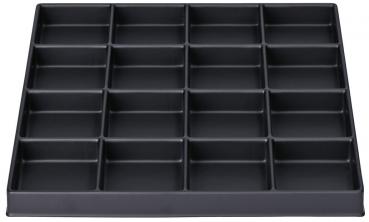 The image displays a black plastic organizing element with 20 equal-sized, square compartments. It has a flat, rectangular shape and is used for organizing items.