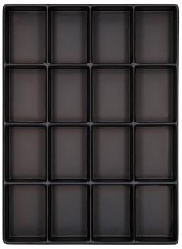 The image displays a rectangular tray with 16 individual, square compartments. It is uniformly black and has a smooth surface. The compartments are evenly arranged.