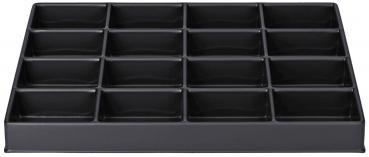 The image displays a flat, rectangular storage box with 16 square compartments. The box is black and features slightly raised edges. It is suitable for organizing small items.