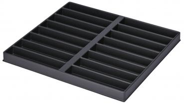 The image displays a square, flat tray with several elongated compartments. It is black and has a smooth surface, ideal for organizing small items.