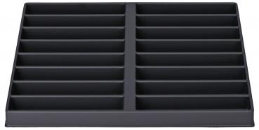 The image displays a rectangular, black storage tray with multiple compartments. It is divided into two main sections, which are further segmented into equal parts.