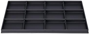 The image shows a black tray with 15 uniform compartments. It has a flat shape and the compartments are arranged in rectangles, ideal for organized storage of small items.