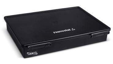 The picture shows a rectangular, flat black box with a foldable lid. On the top side, the "raaco" logo is embossed. The box has handles on the sides.