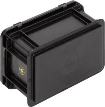 The image shows a rectangular, black plastic box with a flat lid. The box has side flaps and a smooth surface, ideal for storing or transporting items.