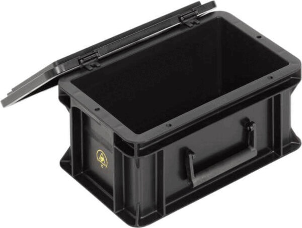 The image shows a black, rectangular box with a hinged lid. The box has two grippy handles on the sides and appears to be robust and sturdy.