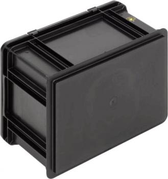 The image displays a black, rectangular plastic box with smooth walls and a foldable top cover. It has rounded corners and is sturdy as well as functional.