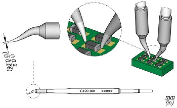 Das Bild zeigt eine technische Illustration von Lötspitzen, die auf eine Leiterplatte zielen. Details zu den Spitzen und der PCB sind hervorgehoben. Maße sind angegeben.