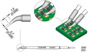 Das Bild zeigt eine technische Zeichnung eines Handwerkzeugs mit gebogenem Ende zur Bearbeitung elektronischer Bauteile auf einer grünen Platine. Größenangaben sind angegeben.