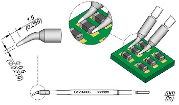 Das Bild zeigt eine technische Zeichnung eines Lötkolbens mit einer speziellen Spitze. Zudem sind Details von einer Leiterplatte mit elektronischen Bauteilen abgebildet. Maße und Beschriftungen sind ebenfalls zu sehen.