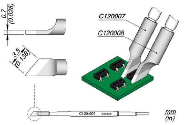 The image displays technical drawings of two tool tips, C120007 and C120008, as well as a green circuit board with four black components. Dimensions are provided.