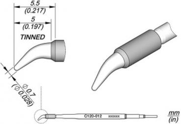 The image displays a technical drawing of a conical end piece with dimensions. There is a side view and a top view, both showing the end piece with a nozzle area and a thin cable.