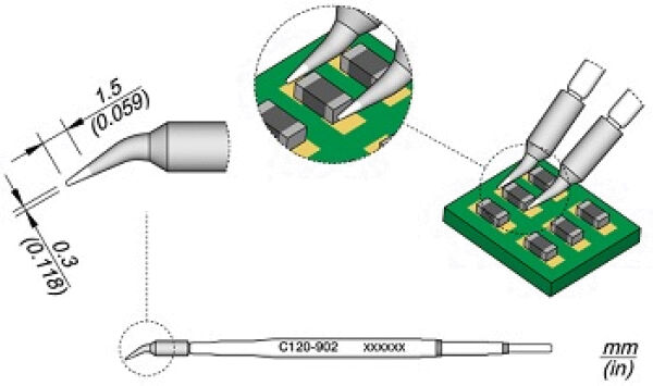 The image shows a technical illustration of a circuit board with several components. Individual parts are enlarged, and a tool is displayed in various views. Dimensions are provided.