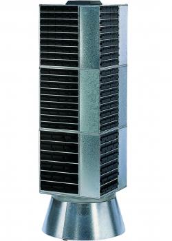 The image shows a modern fan in a vertical shape. It has a rectangular, narrow design and is made of metal. The front features many narrow ventilation slots.