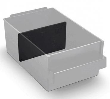 The image displays a rectangular, transparent plastic box that contains a black insert in the center. The insert divides the interior and is narrower than the box.