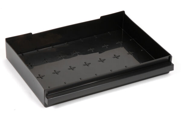 The image displays a flat, rectangular, black plastic tray. It features raised edges and a smooth, glossy surface with small cross-shaped patterns on the inside.