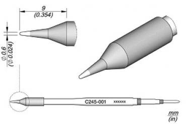 The image displays a technical diagram of an object with a conical end. It includes side views and dimensions in millimeters. The lines are clear and schematic.