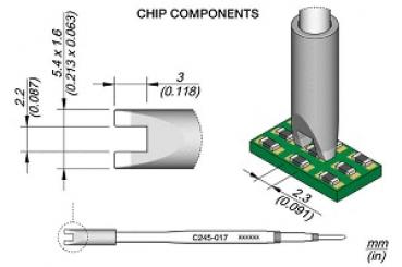 Das Bild zeigt technische Zeichnungen von Chipkomponenten. Es sind verschiedene Formen und Größen abgebildet, einschließlich eines zylindrischen oder rechteckigen Elements und einer Leiterplatte mit Bauteilen. Maße sind angegeben.