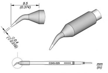 The image shows a technical drawing of a thin, pointed tool with a conical attachment. Dimensions for length and diameter are provided.