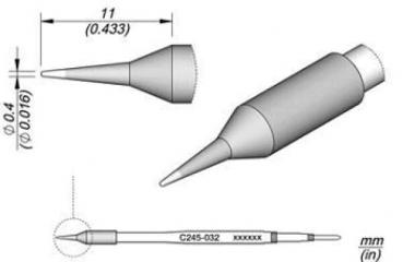 The image displays a technical drawing of a sharp, cylindrical object with dimensions. It features a conical head and a narrow, elongated shape.