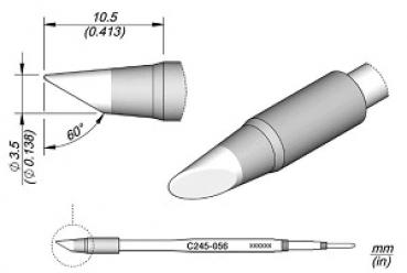 The image shows a technical drawing of a sharp object with a diameter of 3.5 mm, a length of 10.5 mm, and a 60-degree angle at the tip.