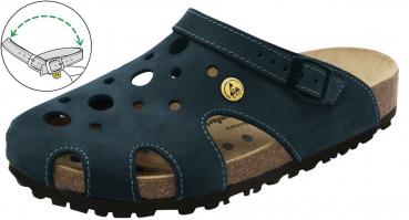 The shoe is a dark blue clog with holes for ventilation and an adjustable strap. The sole is made of light, soft material for comfort.