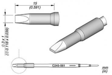 The image shows a technical drawing of a tool with an elongated body and a pointed, angled edge. Dimensions are provided, including lengths and diameters in millimeters.