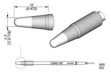 Das Bild zeigt einen technischen Zeichnungsentwurf eines Objekts mit konischer Spitze, einem Durchmesser von 3 mm, und variierenden Längen. Maße sind präzise angegeben.