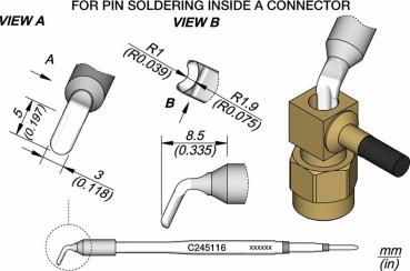 Das Bild zeigt technische Zeichnungen einer Verbindungselement-Skizze mit zwei Ansichten (A und B). Es enthält Maße und Details für das Löten von Pins in einem Connector.