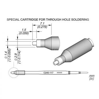 The image displays technical drawings of a special soldering cartridge. It includes dimensions in millimeters and inches, as well as the shape of the cartridge with a round end and a wider middle.