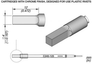 The image displays a technical drawing of cassettes with a chrome-plated surface, designed for the use of plastic rivets. Dimensions are visible.