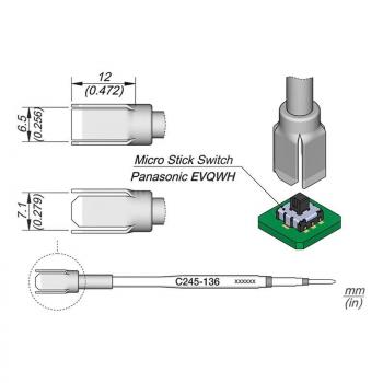 Das Bild zeigt eine technische Zeichnung eines Mikro-Stick-Schalters von Panasonic. Es sind verschiedene Ansichten des Schalters und Maße in Millimetern angegeben.