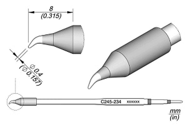 The image shows a technical drawing of a tool, consisting of a long, narrow handle and a pointed, conical tip. The dimensions are provided.