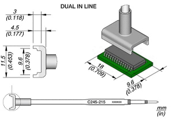 Das Bild zeigt eine technische Zeichnung eines Bauteils mit Abmessungen. Es besteht aus einem rechteckigen Sockel mit einem langen, schmalen Anschluss, der an einer Platine montiert ist.