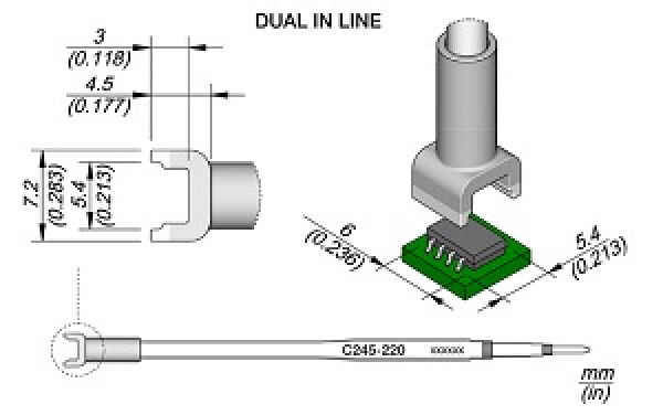 Das Bild zeigt technische Zeichnungen eines elektronischen Bauteils mit einem zylindrischen Anschluss, einem grünen Kleinpaket und präzisen Maßangaben in Millimetern.